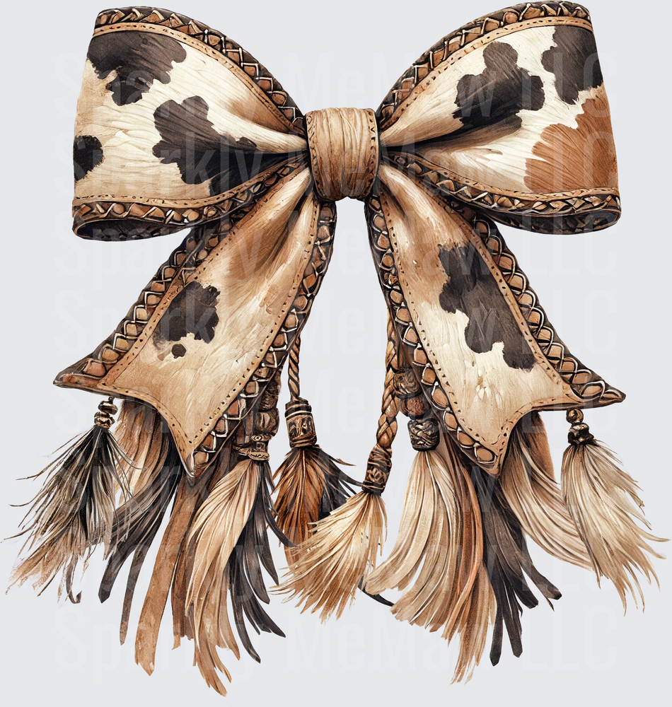 Western Cowhide Bow with Leather Tassels and Tooled Border