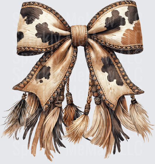 Western Cowhide Bow with Leather Tassels and Tooled Border