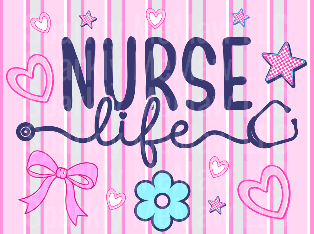 Nurse Life Typography with Stethoscope Hearts Stars and Bow on Pink Stripes UV DTF Decal