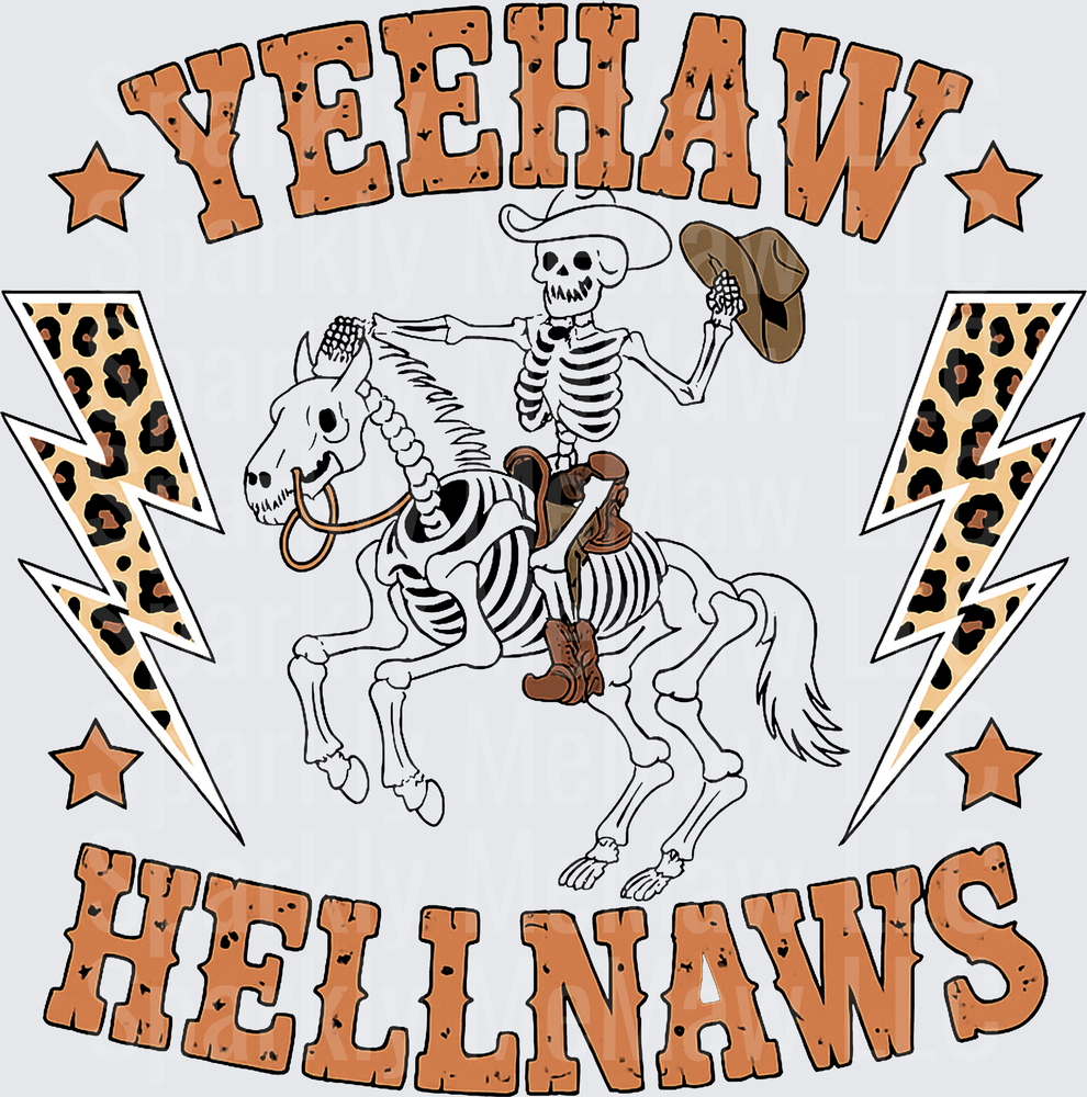 Yeehaw Hellnaws Skeleton Cowboy Riding Skeleton Horse with Leopard Print Lightning Bolts UV DTF Decal