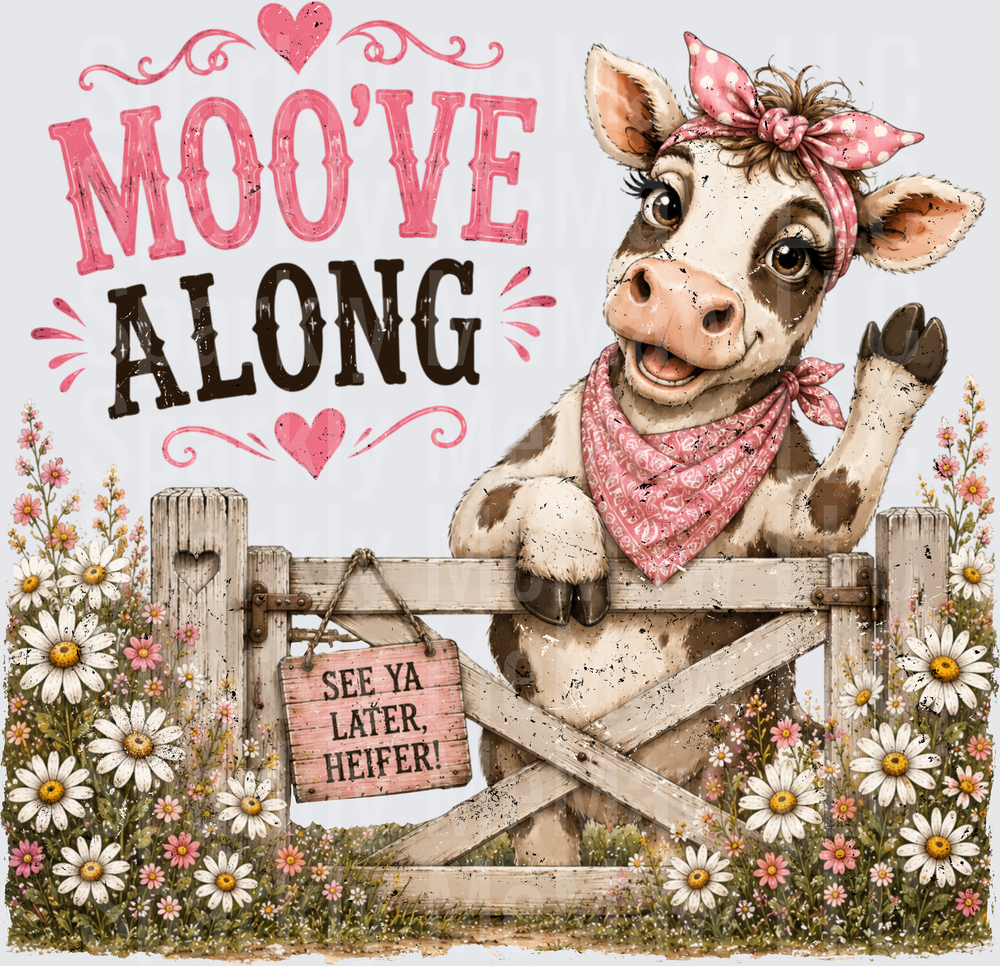 Moo've Along See Ya Later Heifer Cute Cow Pink Bandana Fence Wildflowers DTF Transfer for fabrics