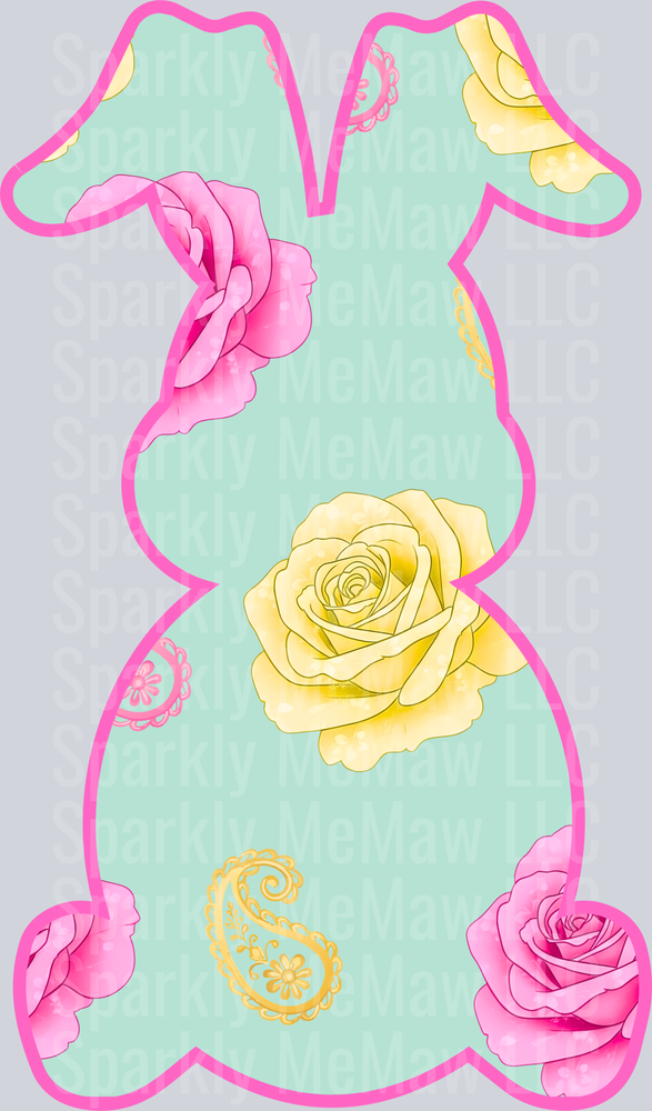 Easter Bunny Silhouette with Pink and Yellow Roses Paisley Pattern UV DTF Decal