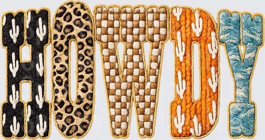 Howdy Western Mixed Pattern Chenille Letter Design DTF Transfer for fabrics featuring Leopard Print Checkered Cactus and Denim Textures with Gold Trim