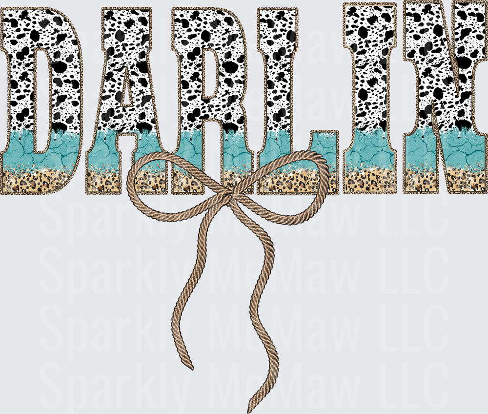 DARLIN' Text with Cow Print Turquoise and Leopard Pattern Rope Bow UV DTF Decal