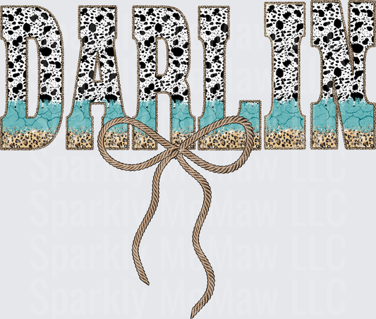 DARLIN' Text with Cow Print Turquoise and Leopard Pattern Rope Bow UV DTF Decal