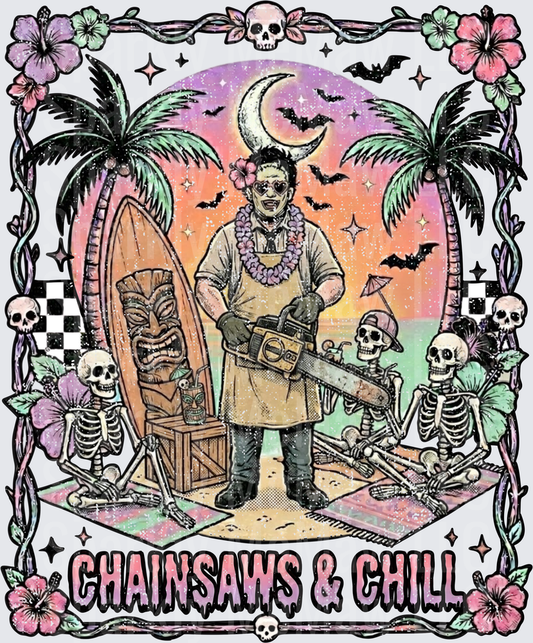 Chainsaws & Chill Horror Movie Parody with Skeletons Tropical Scene UV DTF Decal