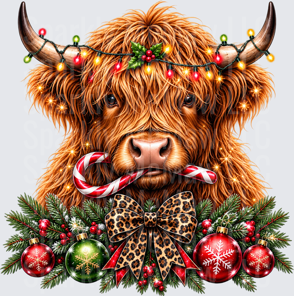 Festive Highland Cow Christmas This is a UV DTF Decal