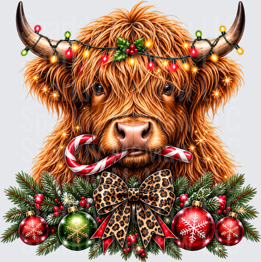 Festive Highland Cow Christmas This is a UV DTF Decal