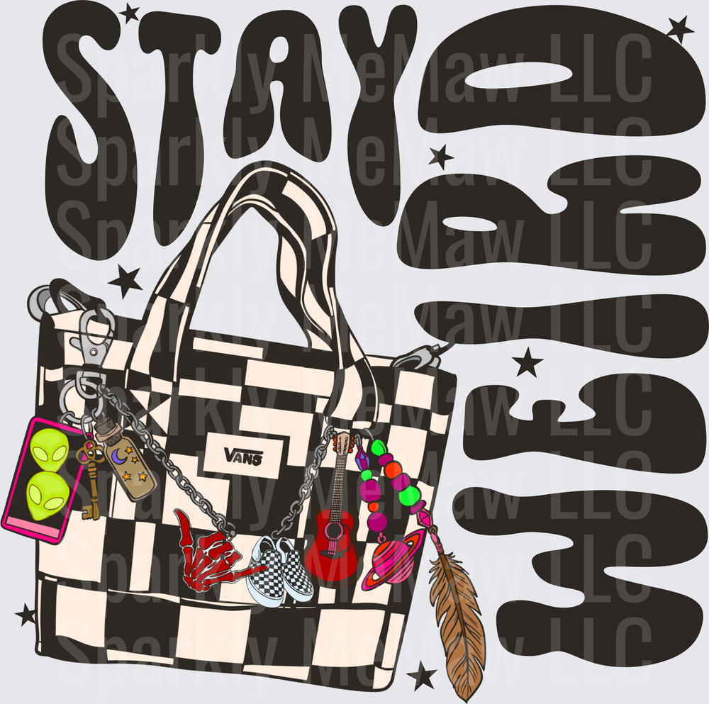Stay Weird Checkered Tote Bag with Alien Phone Case Guitar Sneaker and Feather Charms DTF Transfer