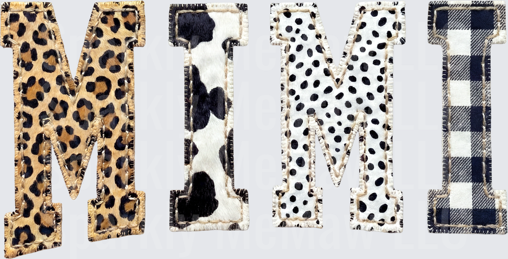 MIMI Letters in Leopard Print Cow Print Polka Dots Buffalo Plaid UV DTF Decal