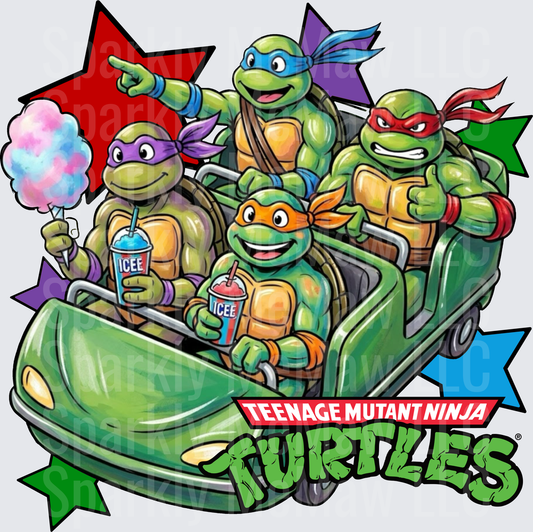 Teenage Mutant Ninja Turtles All Four Turtles Riding Roller Coaster with ICEE Drinks and Cotton Candy Colorful Star Burst DTF Transfer for fabrics