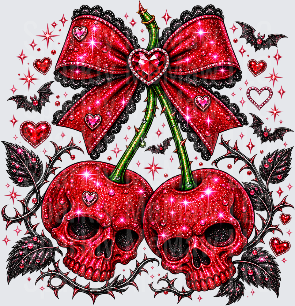 Glitter Skull Cherry Bow UV DTF DECAL (HARD SMOOTH SURFACE)