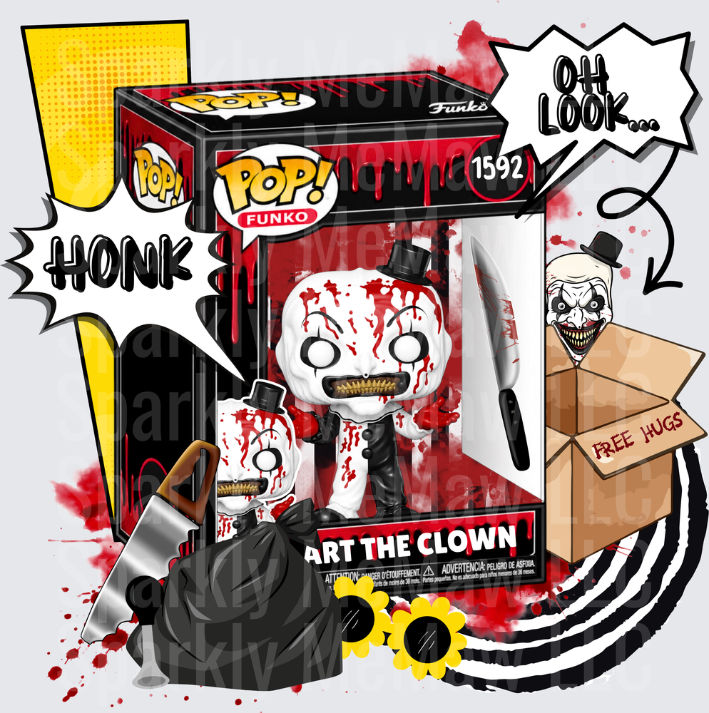 Art The Clown Funko Pop Horror Collection with Bloody Knife and Free Hugs Box Comic Style UV DTF Decal