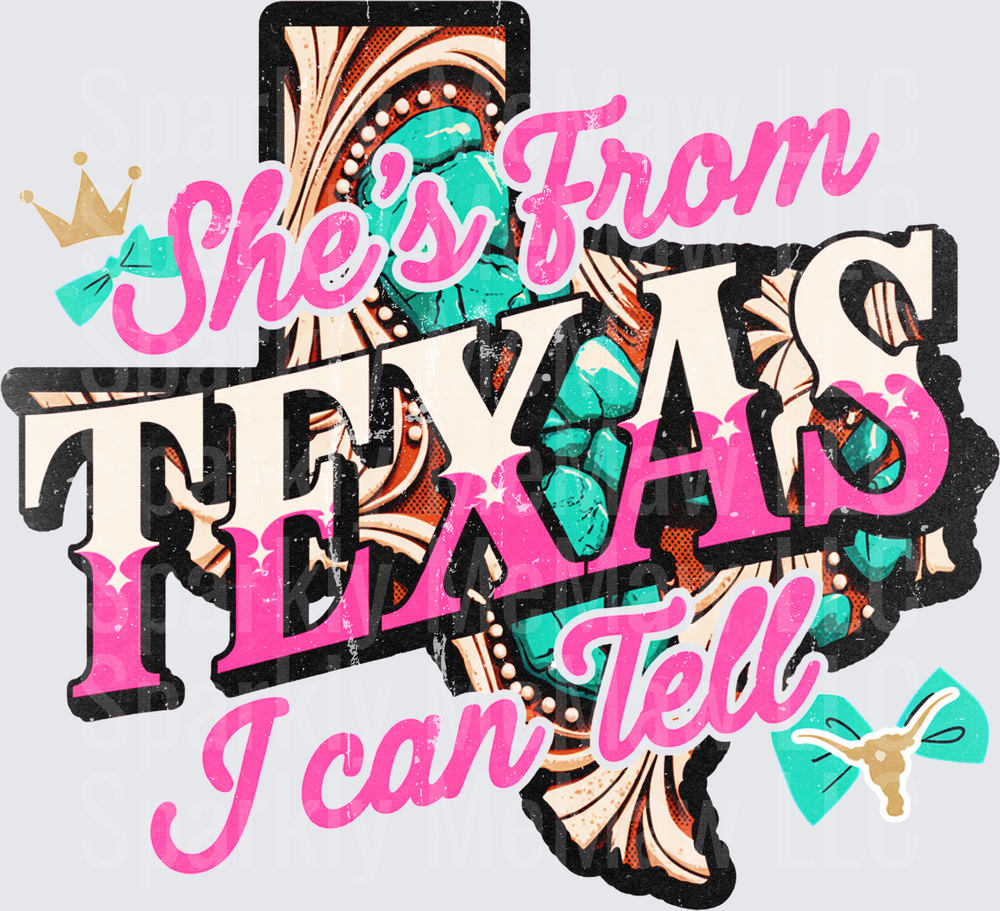 She's From Texas I Can Tell Western Turquoise Floral Longhorn Pink Script DTF Transfer for Fabrics