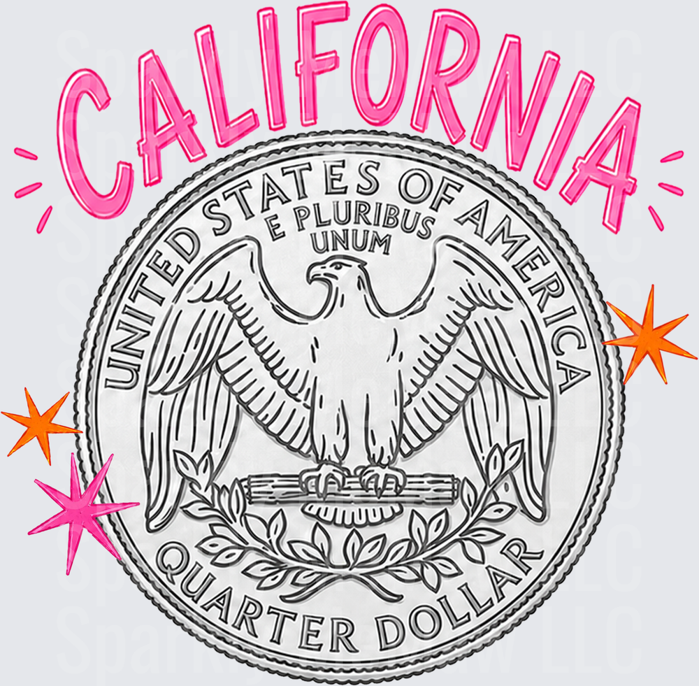 California Quarter Dollar Coin Design with Colorful Stars DTF Transfer for Fabric