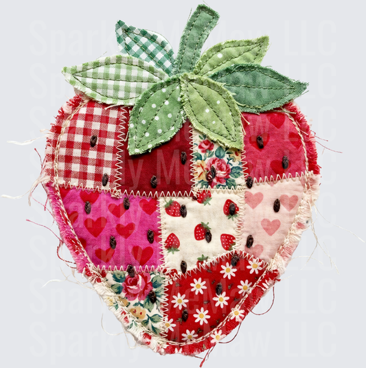 Patchwork Strawberry with Green Leaves UV DTF Decal