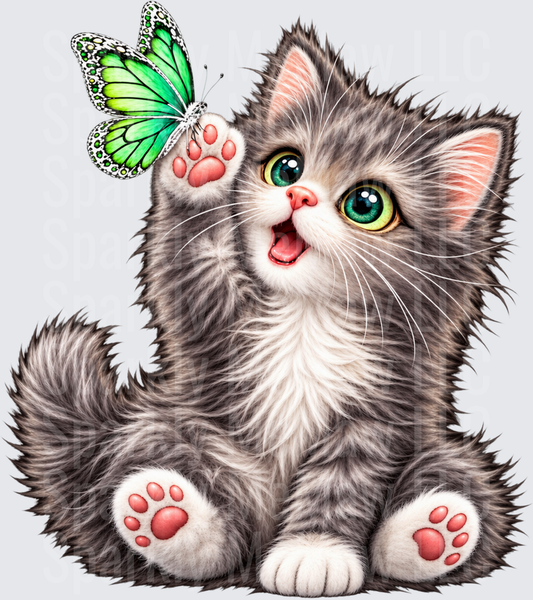 Fluffy Kitten Green Butterfly UV DTF Decal
