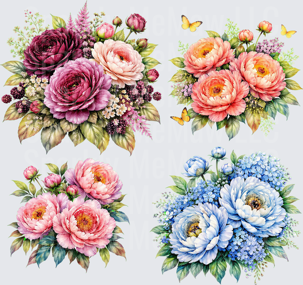 Watercolor Peony Bouquet Collection this is a 10x10 UV DTF Element Sheet