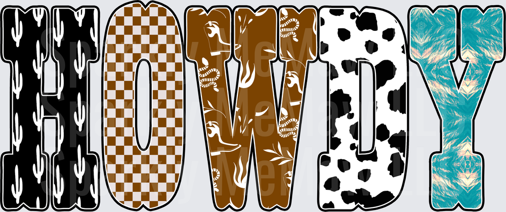 Howdy Western Patchwork Letters DTF Transfer for Fabrics with Cactus Print, Checkered Brown, Snake and Floral Pattern, Cow Print, and Turquoise Tie-Dye Mixed Textures