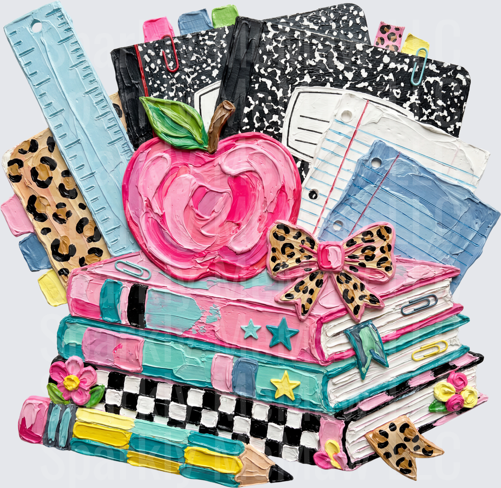 Colorful Back to School Stack with Pink Apple Leopard Bow Composition Notebooks Ruler and Pencils Textured Art UV DTF Decal
