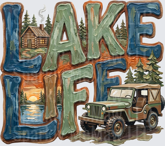 Lake Life Vintage Jeep Log Cabin Pine Trees Outdoor Adventure UV DTF Decal