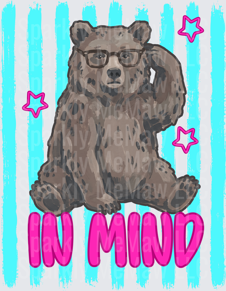 Bear with Glasses Scratching Head IN MIND Text with Pink Stars on Turquoise Stripes DTF Transfer