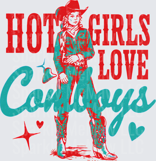 Hot Girls Love Cowboys Western Cowgirl Red and Teal Retro Vintage DTF Transfer for Fabric