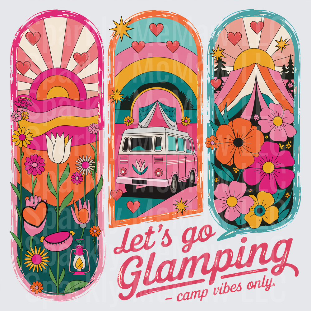 Retro Glamping Van with Flowers and Rainbow Let's Go Glamping Camp Vibes Only UV DTF Decal