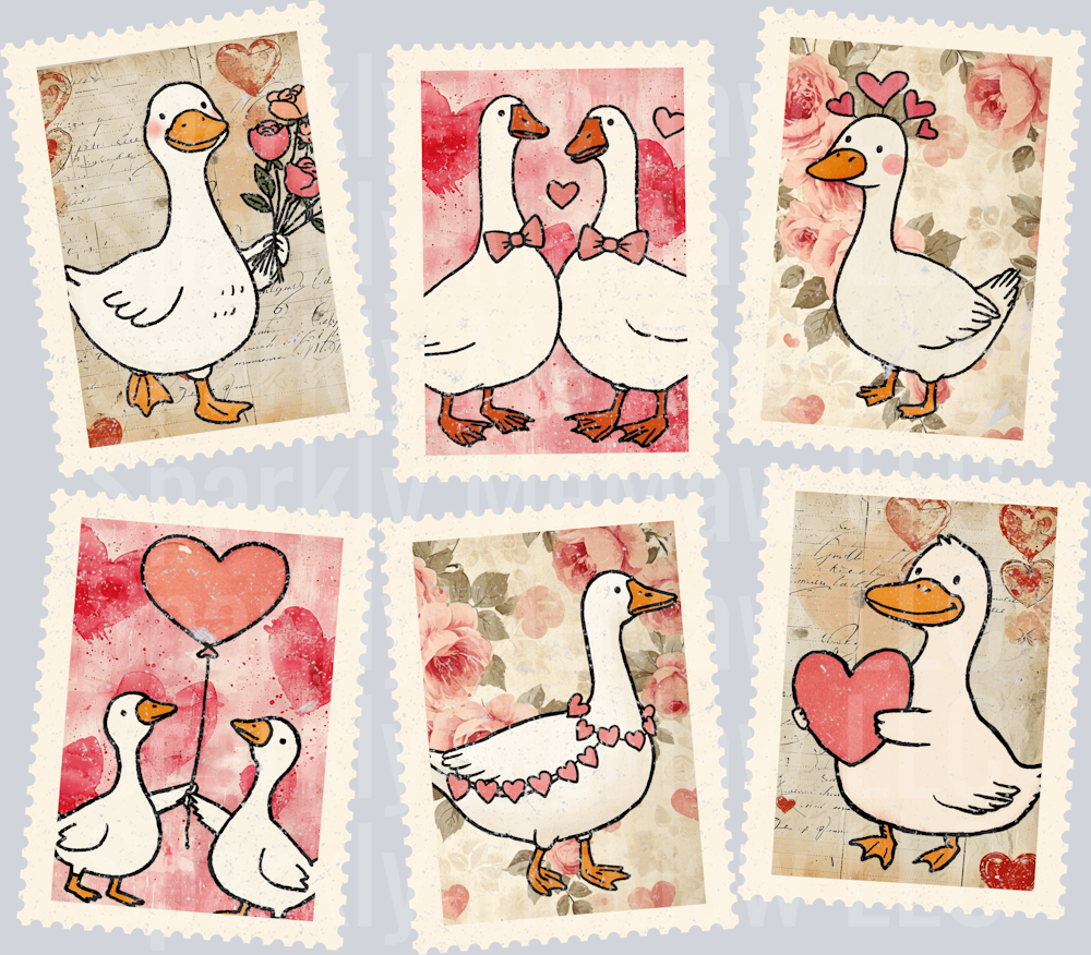 Vintage Valentine Goose Stamps UV DTF 10x10
