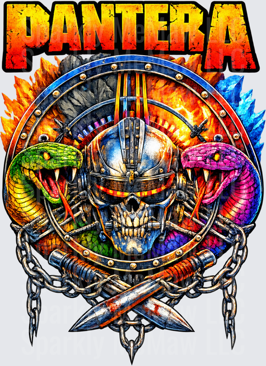Pantera Skull Snakes Metal is a DTF Transfer for Fabrics