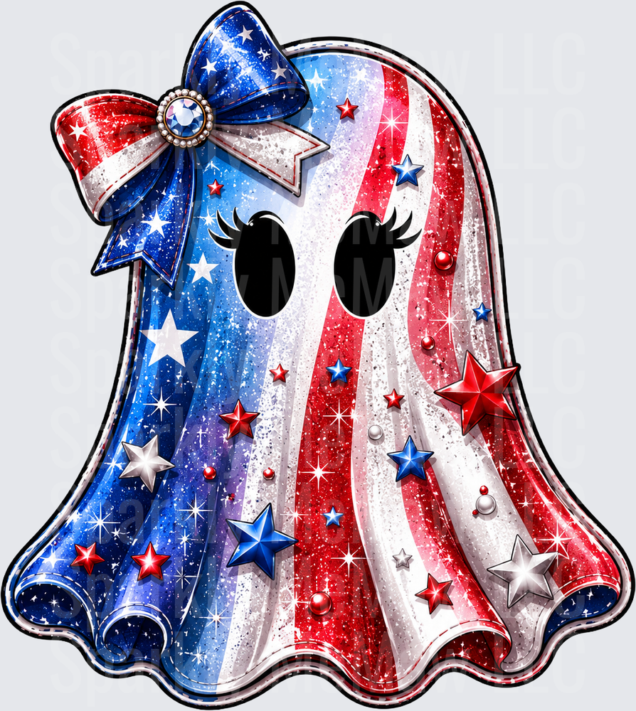 Patriotic Ghost with American Flag Pattern and Sparkly Bow DTF Transfer