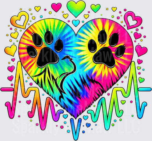 Tie Dye Paw Print Heart is a DTF Transfer for Fabrics