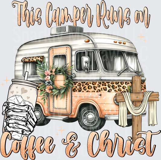 This Camper Runs on Coffee and Christ Vintage RV with Leopard Print and Floral Wreath UV DTF Decal
