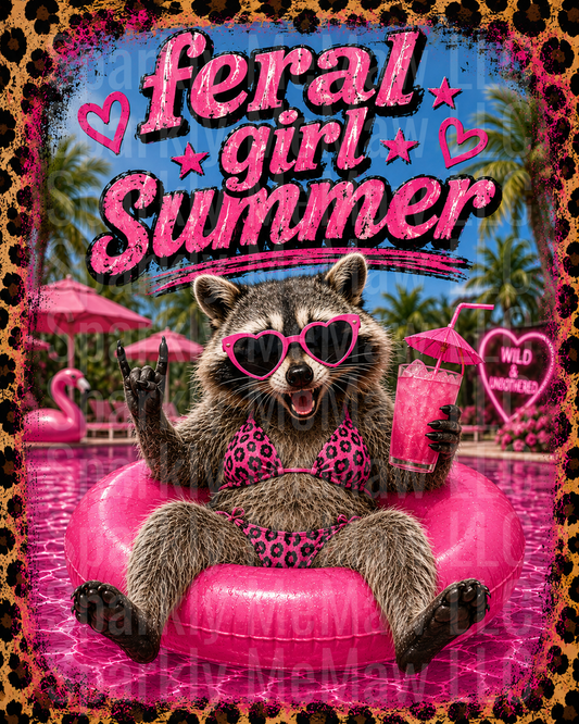 Feral Girl Summer Raccoon in Pink Bikini and Heart Sunglasses Pool Float DTF Transfer