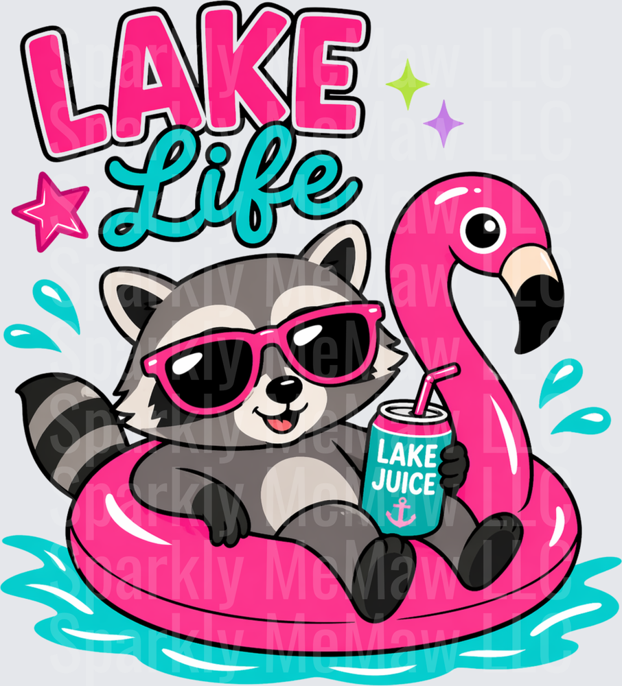 Lake Life Raccoon on Pink Flamingo Float with Sunglasses and Lake Juice Can DTF Transfer
