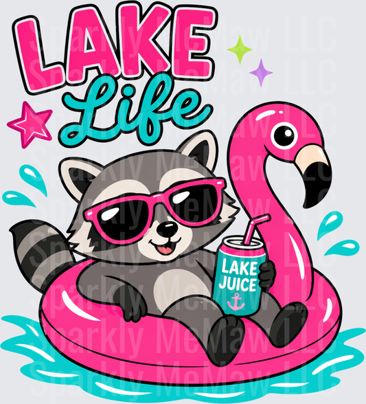 Lake Life Raccoon on Pink Flamingo Float with Sunglasses and Lake Juice Can DTF Transfer