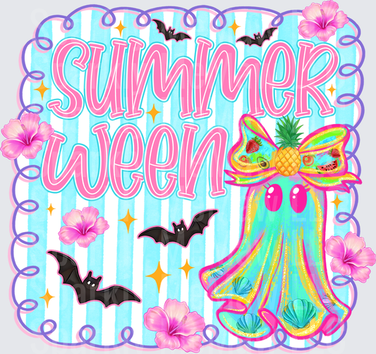 Summerween DTF Transfer for Fabrics Cute Teal Ghost with Tropical Fruit Bow Hibiscus Flowers Bats and Seashells on Blue Stripe Background