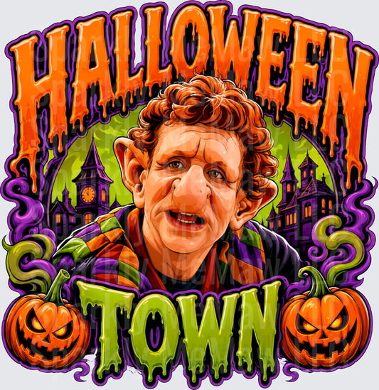 Halloween Town Marnie's Grandma Aggie Cromwell Caricature with Jack-o-Lanterns and Haunted Mansion DTF Transfer (fabrics)
