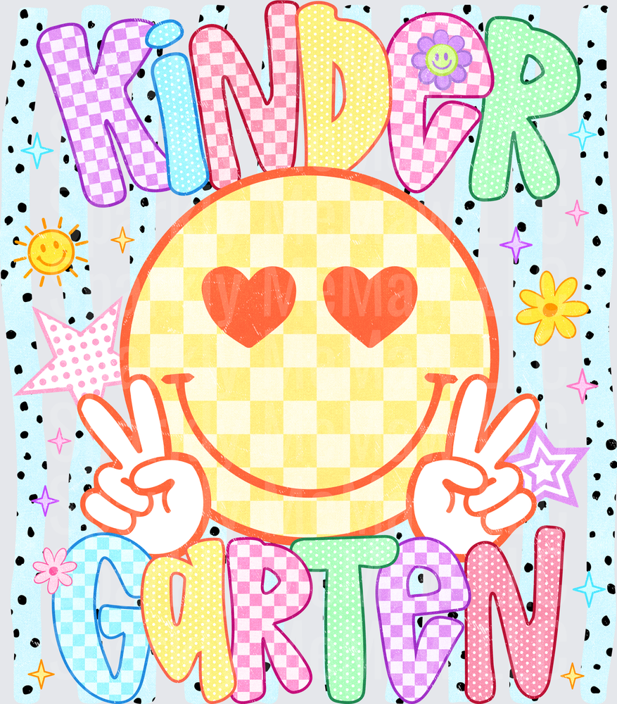 Kinder Garten Happy Smiley Face with Peace Signs Colorful Checkered Letters DTF Transfer for Fabric
