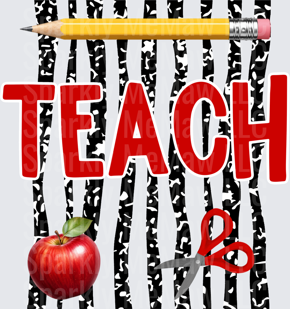 TEACH Text with Yellow Pencil Red Apple and Scissors on Black White Distressed Stripes DTF Transfer for Fabric
