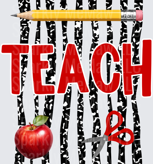 TEACH Text with Yellow Pencil Red Apple and Scissors on Black White Distressed Stripes DTF Transfer for Fabric