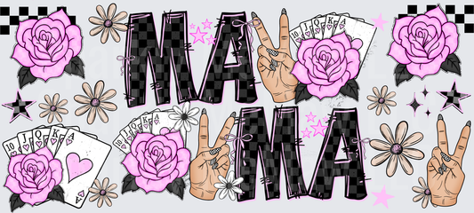Mama Bear Checkered Letters with Pink Roses Playing Cards Peace Signs