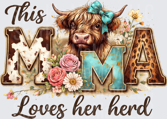 This Mama Loves Her Herd Highland Cow with Floral Letters UV DTF Decal