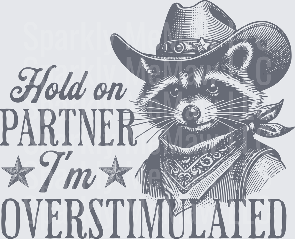 Hold on Partner I'm Overstimulated Cowboy Raccoon UV DTF Decal