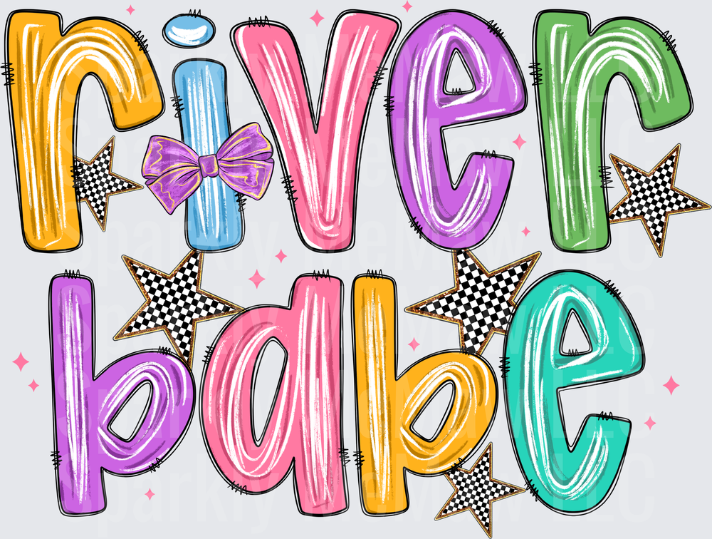 River Babe Colorful Letter Design with Checkered Stars and Purple Bow DTF Transfer for Fabric