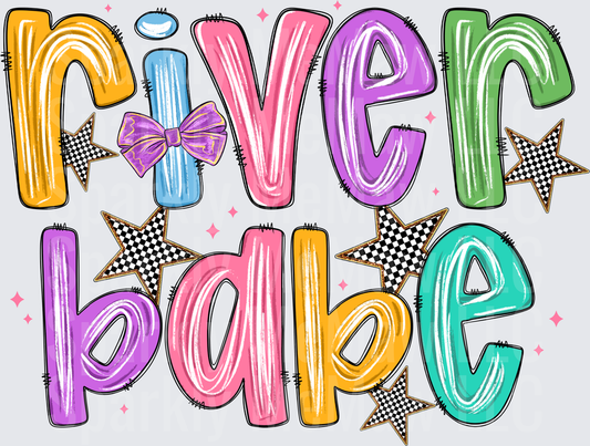 River Babe Colorful Letter Design with Checkered Stars and Purple Bow DTF Transfer for Fabric