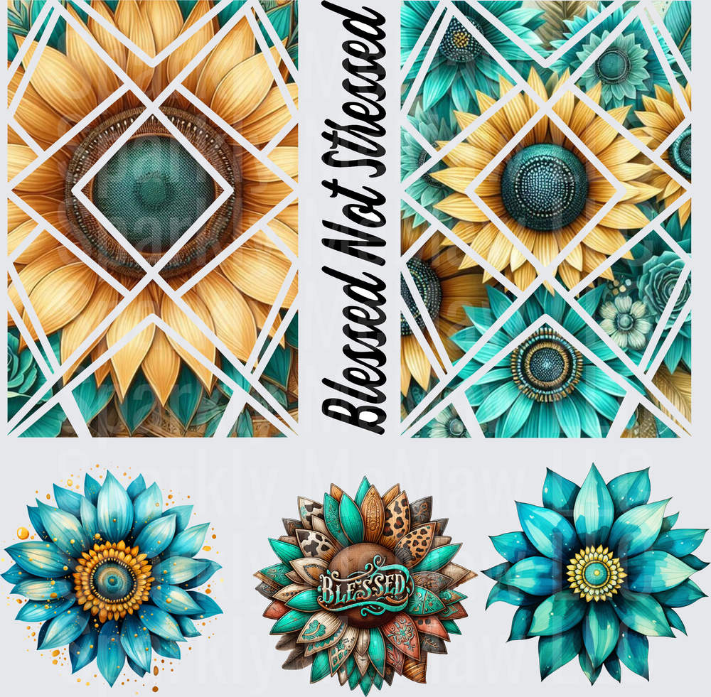 Blessed Not Stressed Teal Sunflower 10x10 Inch Sheet