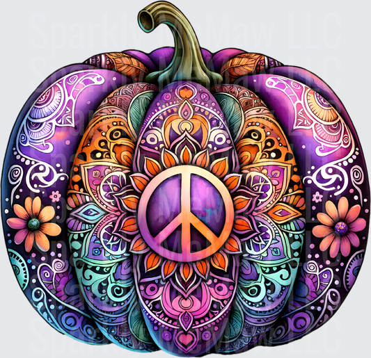 Psychedelic Peace Sign Pumpkin with Mandala Patterns and Bohemian Floral Design DTF Transfer for Fabric