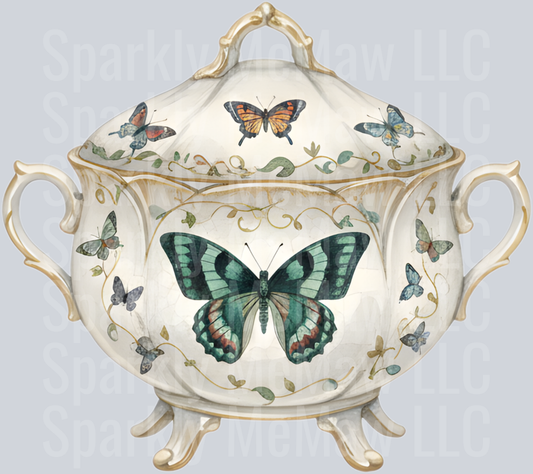 Vintage Butterfly Porcelain Tureen with Gold Trim UV DTF Decal