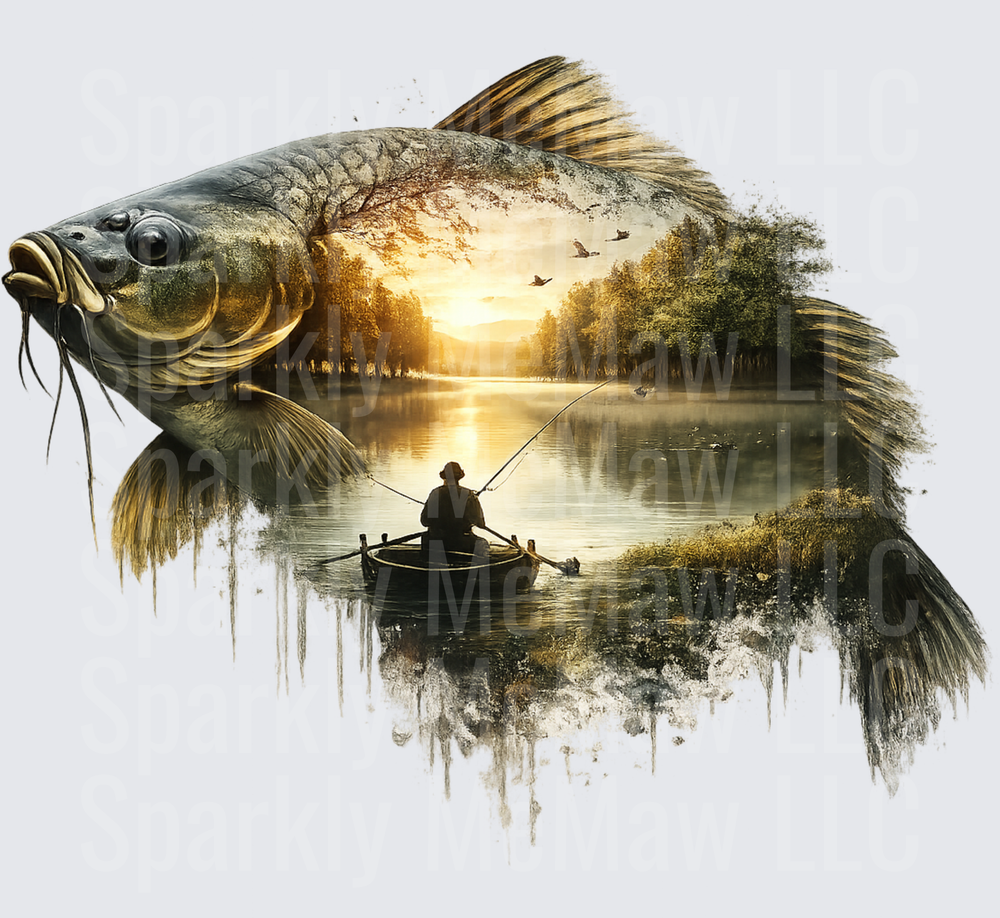 Catfish Double Exposure with Fisherman in Boat at Sunset Lake Scene UV DTF Decal